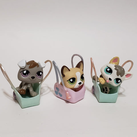 WW Littlest Pet Shop Rare European Petriplet Puppy Dog 1876 1877 1878 with Basket Carrier Accessory LPS Authentic AIK AUG12J