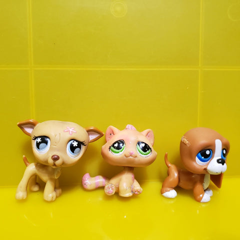 Littlest Pet Shop Lot of 3 Blemished Pets Tabby Greyhound Basset Set LPS Authentic Comes As Shown NOV10
