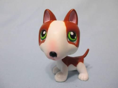 LIKE NEW Littlest Pet Shop Dog Bullterrier Bull Terrier 154 Brown White Green Eyes Authentic DEC15J