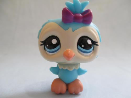 LIKE NEW Littlest Pet Shop Blue OWL 1569 Aqua Blue Eyes Purple Bow Authentic Exclusive FEB08J