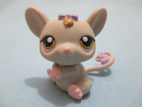 LIKE NEW Littlest Pet Shop 116 Gray Pink Mouse Rat with Purple Bow and Yellow Brown Eyes Authentic Feb12nn