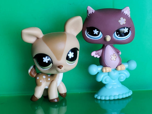 LIKE NEW Littlest Pet Shop 2007 Pink Owl 635 and Spotted deer 634 w Original Accessory Authentic JUL26 JST