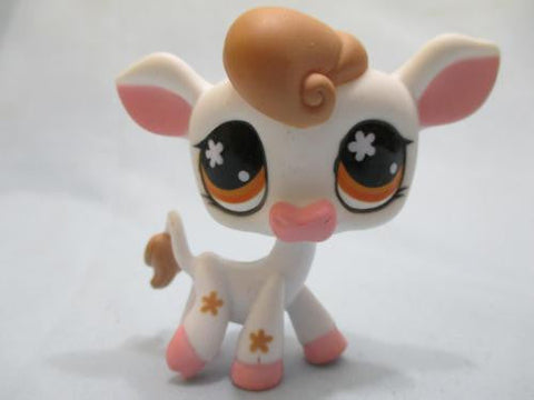 Littlest Pet Shop  #476 Cow With Yellow Bell Brown Eyes White Tan